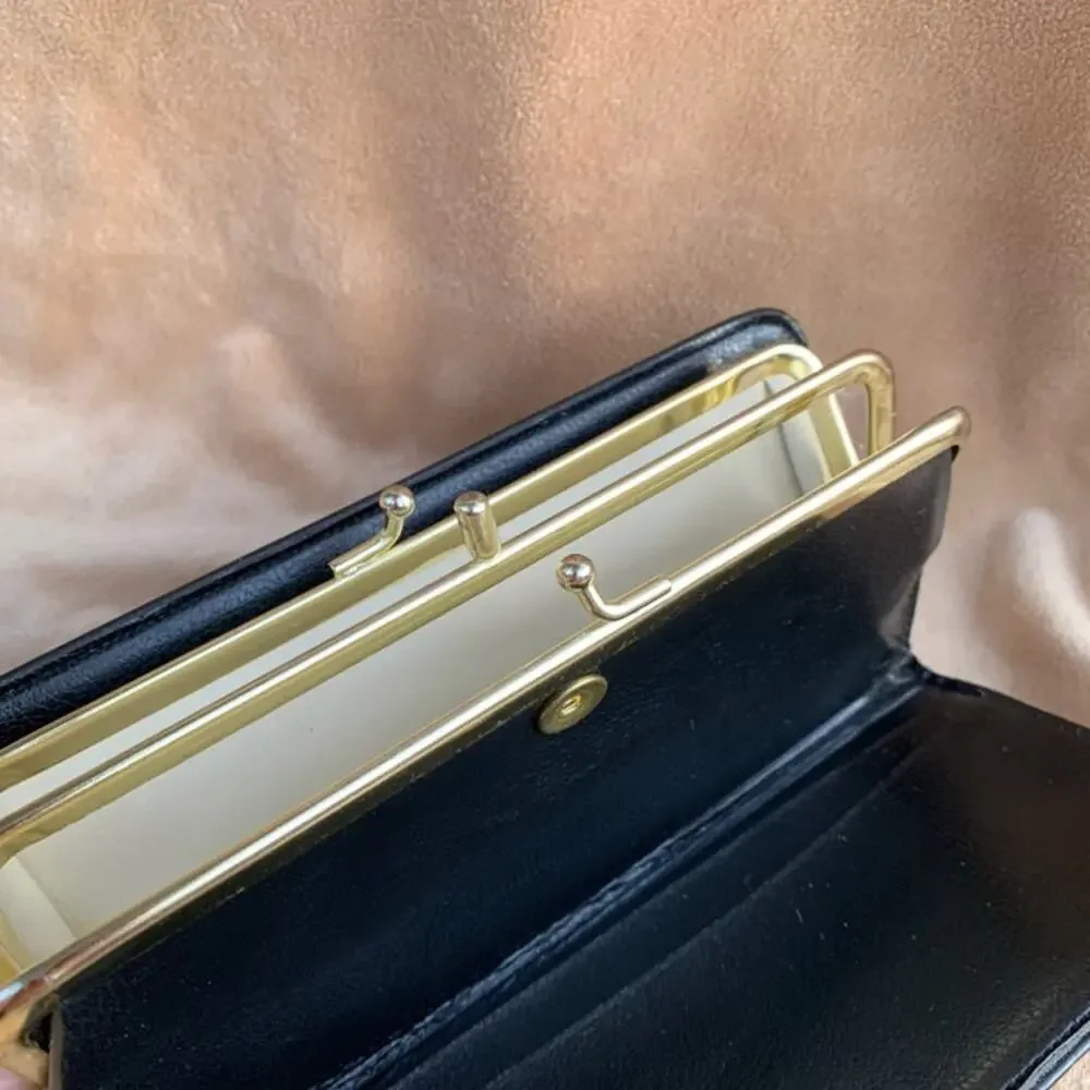 Vintage Baronet Wallet Kiss Clasp Metal Diamond Studs Navy Blue